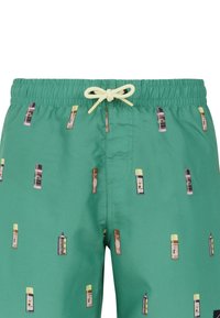 Groene zwemshorts met een herhalend patroon van kleurrijke flesillustraties. Gemaakt van gladde stof met een gele koord in de taille.