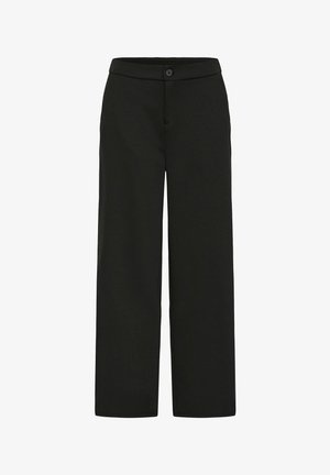 Mustad laiade jalgadega püksid siledast materjalist, millel on nööbiga lukustus vöökohtades ja õmblustel tikitud detailid.