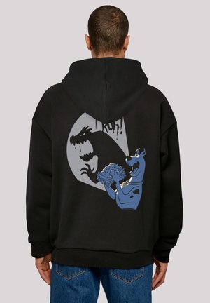 Black hoodie featuring a large graphic on the back with Scooby-Doo and a dinosaur silhouette, highlighting contrasting colors and cartoon design.