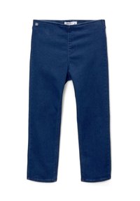 Mörkblå rakbenade denimjeans med elastisk midja, inga synliga knappar eller dragkedjor och en liten logga på övre vänstra sidan.