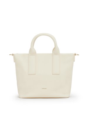 Borsa a mano in pelle color crema con due manici corti, forma rettangolare e nome del marchio discretamente impresso al centro anteriore.