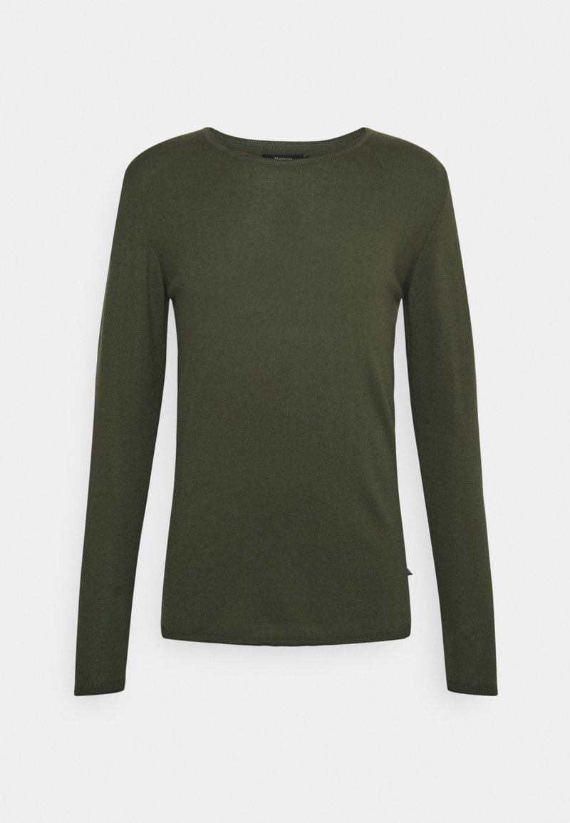 Pull en maille vert olive à manches longues avec un col rond, présenté sur un fond clair uni.