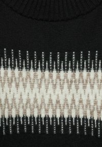 Knit sweater featuring a black ribbed neckline, geometric cream and taupe pattern, and contrasting horizontal design on a dark background.