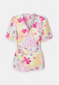 Top envolvente floral em azul claro, com padrões tropicais em rosa e amarelo, mangas curtas e um laço na cintura.