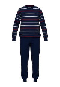 Dunkelblaues Loungewear-Set mit einem gestreiften Langarmshirt in Navy, Rot und Grau, kombiniert mit einfarbigen, dunkelblauen Pants. Elastische Bündchen und Taillenbund.