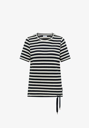 Sort og hvidt horisontalt stribet short-sleeve strik top med rund halsudskæring og snøre-detalje i kanten.