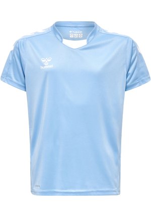 Lichtblauw sportshirt met korte mouwen, gemaakt van glad synthetisch materiaal. Heeft een v-hals en een wit logo op de borst en schouderacenten.