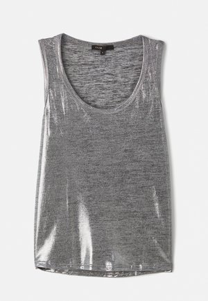 Grå ærmeløs tanktop med en rund halsudskæring, lavet af et let skinnende materiale, med en glat tekstur og standard pasform.