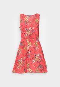Robe sans manches corail avec un motif floral. Elle présente une taille cintrée et une jupe évasée. Réalisée en tissu léger au toucher doux.