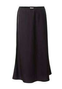 Long black skirt made of smooth material with an elastic waistband, featuring a slight flare and subtle hem detailing.