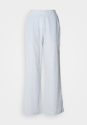 Lyseblå vide bukser med vertikale hvite og røde striper. Har strikk i midjen og sidelommer. Glatt bomullslignende tekstur.