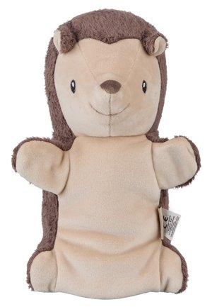 Soft plush hand puppet shaped like a smiling brown and beige hedgehog with small ears and outstretched arms.