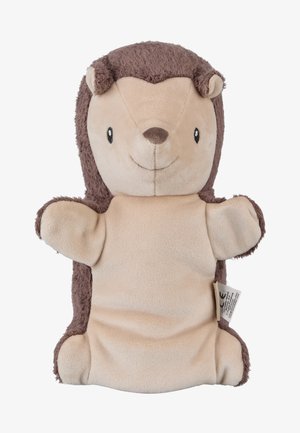 Weicher Plüsch-Handpuppe in Form eines lächelnden braunen und beigen Igels mit kleinen Ohren und ausgestreckten Armen.