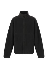 Veste en polaire noire avec un col haut, une fermeture éclair sur le devant et deux poches latérales. La texture est douce et épaisse, avec une apparence confortable et isolée.