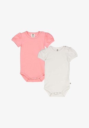 Dwa niemowlęce body: jedno w delikatnym różu, a drugie w bieli. Oba mają krótkie puffowane rękawy i zapięcie na napy na dole. Gładki materiał.