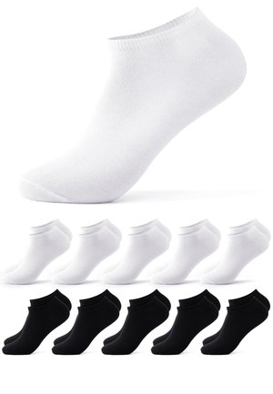 Ankle-length cotton socks in white and black, displayed in pairs, totaling ten socks with one white sock enlarged at the top.