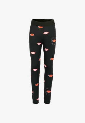 Zwarte leggings met een herhalend patroon van rode en roze lippen, met een logo in het wit op het onderbeen gedrukt. Glad, rekbaar materiaal.