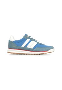 Sneaker blu in suede e tessuto con strisce bianche, suola in gomma e dettagli rossi; presenta punta rotonda e design con lacci. Anno "1989" indicato.