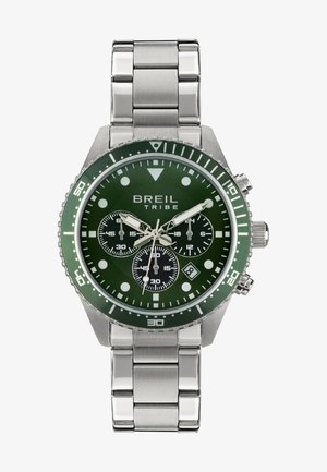 Grøn chronograf ur med armbånd i rustfrit stål, rundt urkasse, sorte sub-dials og lysende markører. Vandafvisende design.