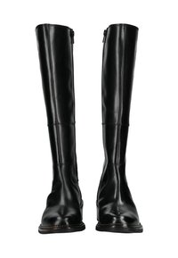 Botas de cuero negras hasta la rodilla con un acabado brillante, suelas planas y dos cremalleras laterales para facilitar su uso; textura suave y diseño ajustado.