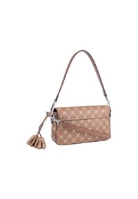Braune Handtasche mit einem gemusterten Äußeren, glatter Textur und einem Schultergurt. Verfügt über einen dekorativen Quastenanhänger und silberfarbene Hardware-Details.
