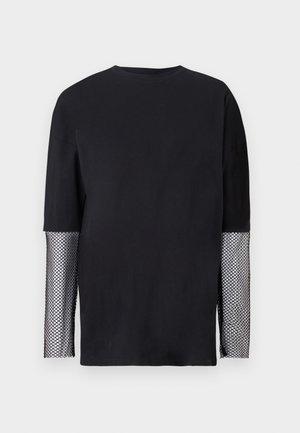 Black long-sleeve shirt featuring a solid body and mesh accents on the sleeves with a textured pattern. Simple crew neckline.