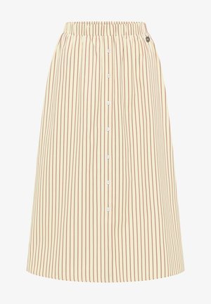 Žltá sukňa s červenými vertikálnymi pruhmi, elastický pás, zapínanie na gombíky vpredu a dekoratívny logový akcent blízko pásu. Hladká textúra.