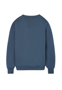 Sudadera azul, mezcla de algodón, cuello redondo, mangas largas, puños y dobladillo de canalé, textura suave, diseño sencillo, sin logotipos ni patrones visibles.
