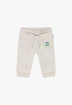 Jasnoszare dresowe spodnie z fakturalnej tkaniny z niebieskimi plamkami. Posiadają elastyczny pas z sznurkiem, boczne kieszenie oraz naszywkę z logo.