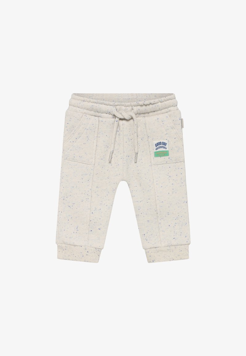 Pantalon de survêtement gris clair en tissu texturé avec des mouchetures bleues. Comprend une taille élastique avec cordon de serrage, des poches latérales et un écusson logo.