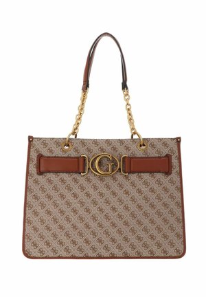 Sac à main rectangulaire beige et marron à motif, avec des poignées chaîne dorées et un grand logo G doré au centre devant.