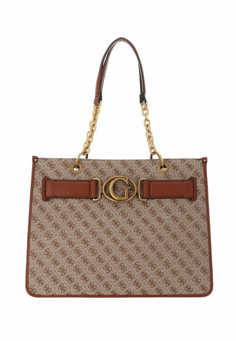 Sac à main rectangulaire beige et marron à motif, avec des poignées chaîne dorées et un grand logo G doré au centre devant.