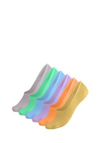 Set di sette calzini alla caviglia in colori solidi: viola chiaro, verde, blu, lavanda, arancione e giallo. Realizzati in un tessuto morbido e liscio.