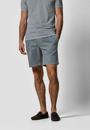 Maglietta grigia a maniche corte con scollo rotondo abbinata a pantaloncini grigio chiaro. I pantaloncini hanno una vestibilità classica e tasche laterali discrete. Calzature scure.