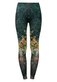 Leggingi z temno zeleno podlago, ki prikazujejo cvetlični vzorec v rumeni, beli in roza barvi, z bogatimi teksturami in vijugastimi vzorci.