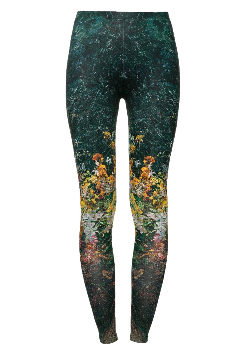 Leggingi z temno zeleno podlago, ki prikazujejo cvetlični vzorec v rumeni, beli in roza barvi, z bogatimi teksturami in vijugastimi vzorci.