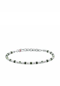 Bracciale con perline alternanti di colore verde scuro e metallo color argento. Chiuso con un piccolo fermaglio e una prolunga a catena.