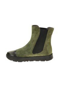 Green suede ankle boots with black elastic panels, rounded toe, and a rubber sole featuring a textured finish.
