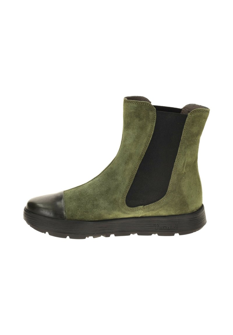 Green suede ankle boots with black elastic panels, rounded toe, and a rubber sole featuring a textured finish.