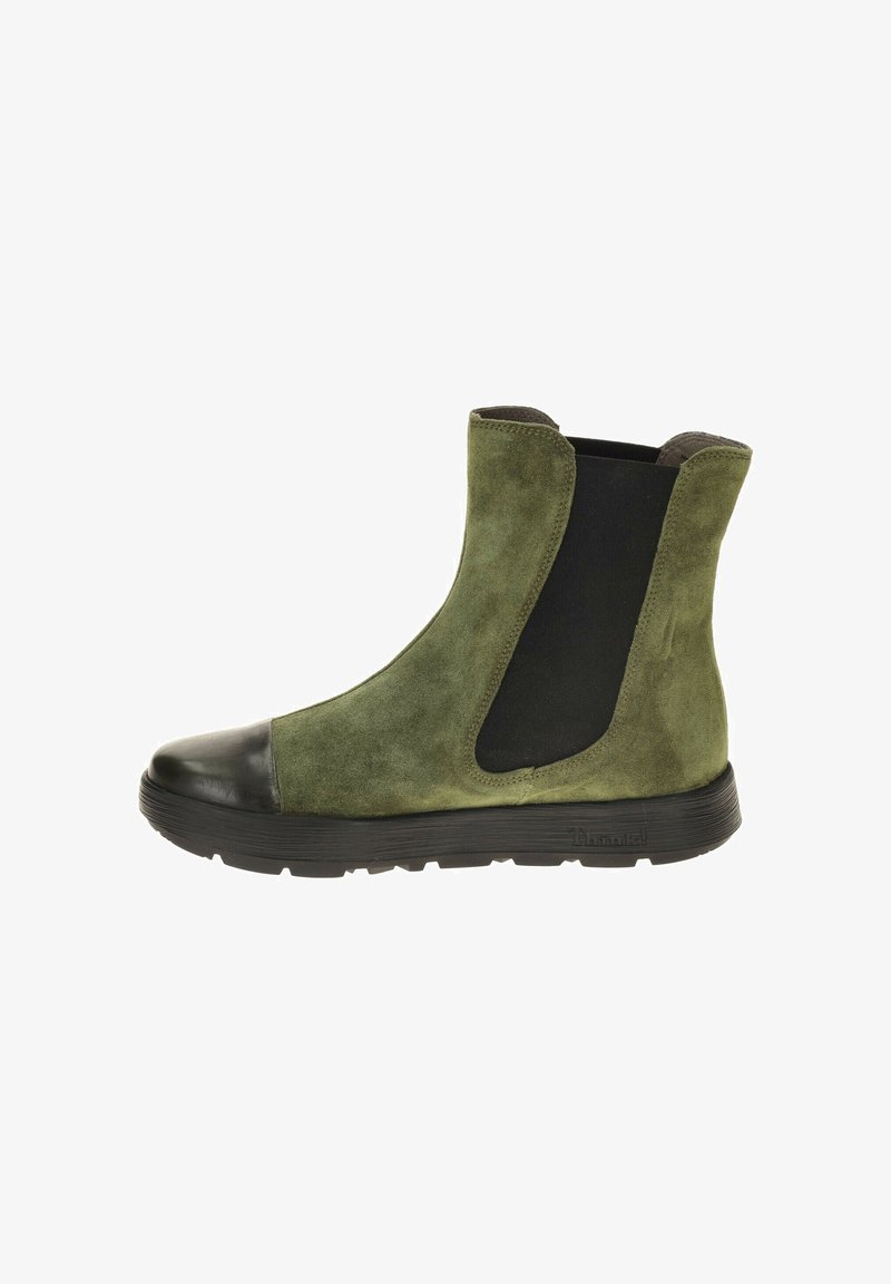 Green suede ankle boots with black elastic panels, rounded toe, and a rubber sole featuring a textured finish.