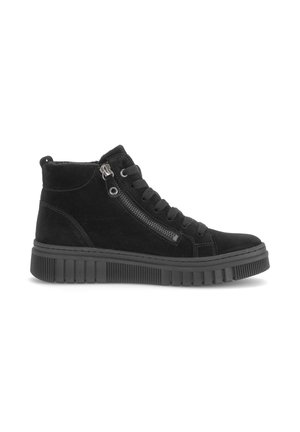 Black suede high-top sneaker with lace-up front, side zipper, and thick rubber sole with textured tread.