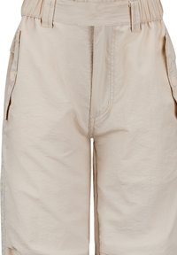 Beige cargoshorts van lichtgewicht stof met een elastische taille, zijzakken en drukknopen op de zakken. Gestructureerde afwerking.