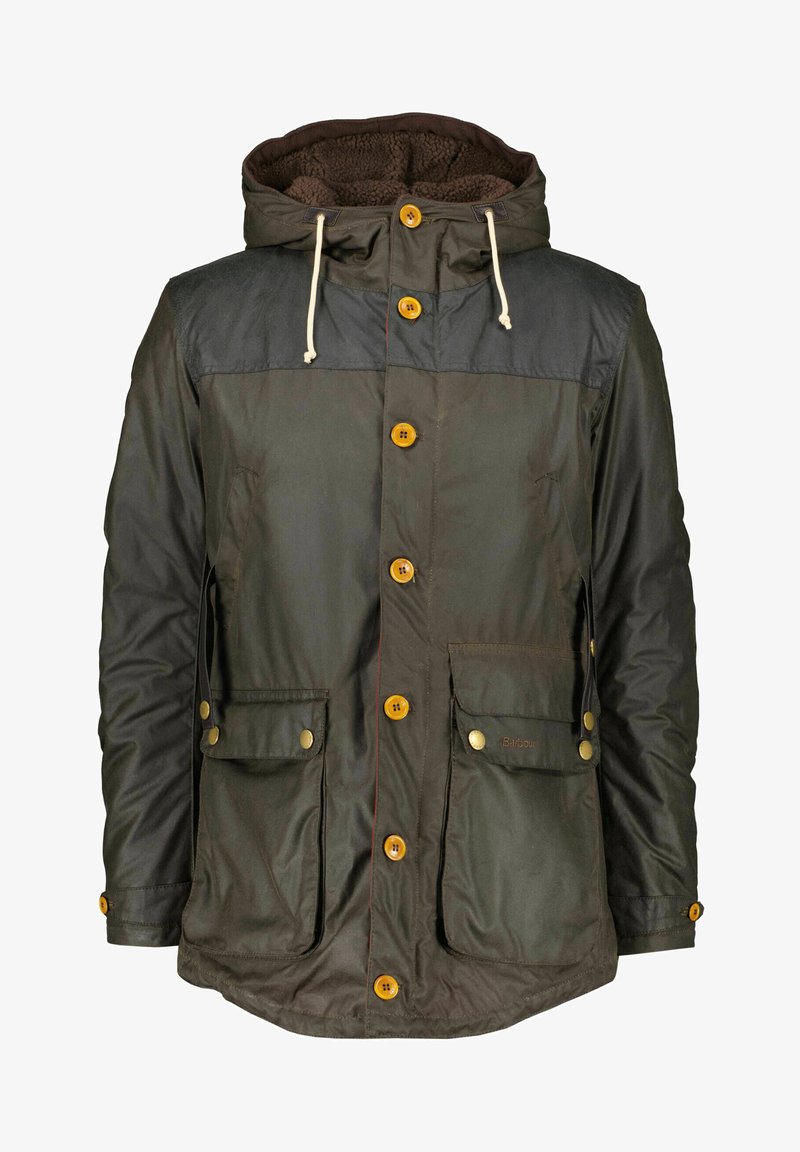 Waterdichte jas met een trekkoordcapuchon, bruin en zwart kleurblokontwerp, bruine knopen en twee voorzakken met flappen.