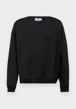 Black sweatshirt with a crew neckline, long sleeves, and ribbed cuffs. Features an embroidered logo detail on the chest. Soft, textured fabric.
