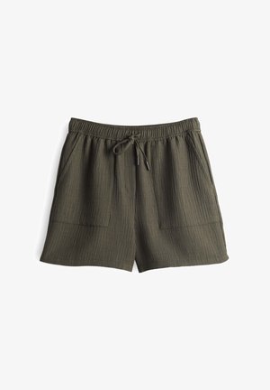 Olive green shorts with a ribbed texture, elastic waistband, drawstring closure, and two side pockets.
