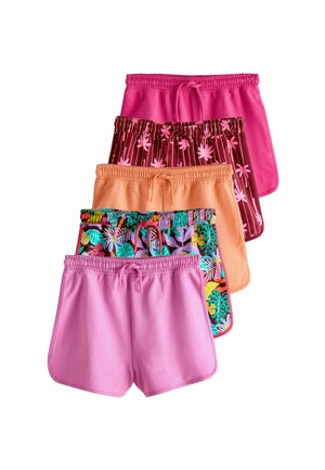 Four pairs of women’s shorts: light pink, patterned tropical print, orange, and dark pink with palm tree design; elastic waistbands, casual style.