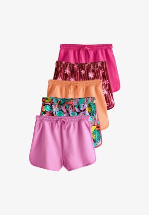 Fire par kvinders shorts: lyserød, mønstret tropisk print, orange og mørkerød med palmetrædesign; elastiske taljebånd, afslappet stil.