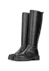 Bottes noires jusqu'aux genoux en matériau synthétique texturé avec un motif de cuir serpent, dotées d'une semelle résistante et de détails de fermeture éclair sur le côté.