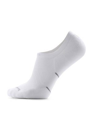 Coppia di calzini sportivi bianchi invisibili con motivi testurizzati sottili e una piccola striscia grigia vicino al tallone.