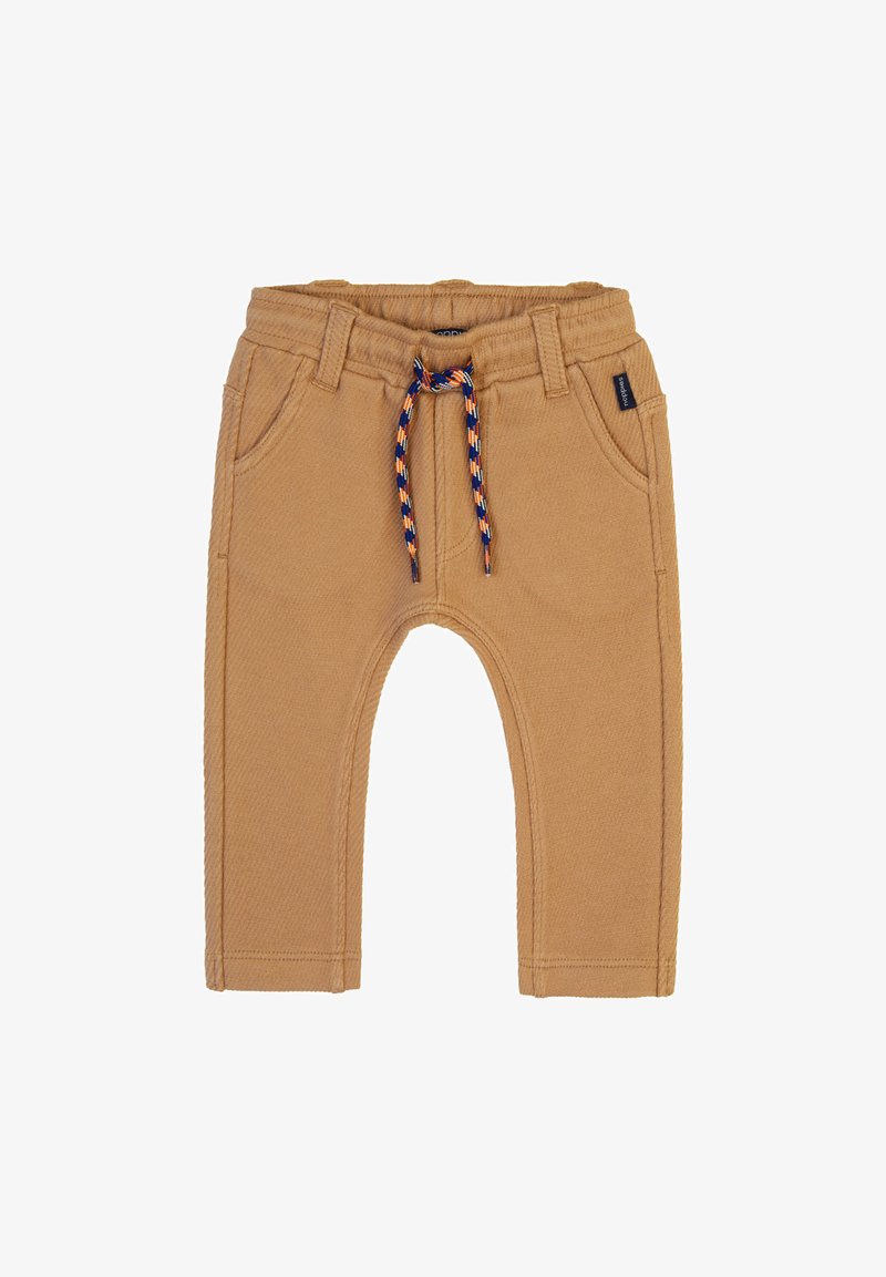 Tan katoenmix broeken met een elastische tailleband, voorzien van een kleurrijke trekkoord, neppockets en een gestructureerde stof.